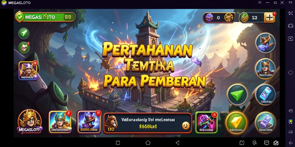 Tampilan gameplay MEGASLOTO dengan menara bertahan yang strategis.