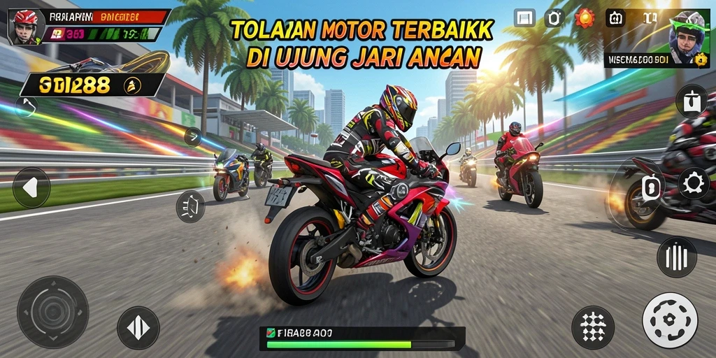 Screenshot TO288 menampilkan aksi balapan motor yang seru dan mendebarkan.